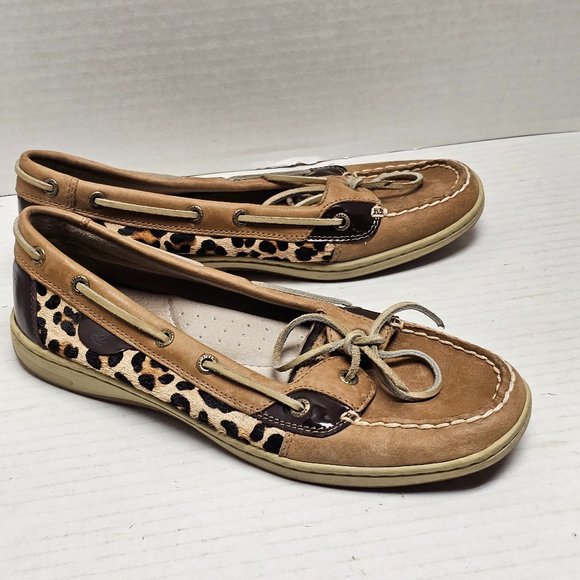 Sperry Top Sider Womens Leather Cheetah Print Loafers Shoes Tie Front 10 - Picture 1 of 16